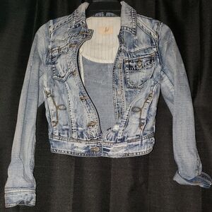 Distressed Jean Jacket waist length ...lost (brand) SZ Small 4 pockets